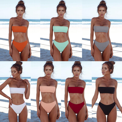 

Women High Waist Bikini Set Off Shoulder Push Up Padded Swimsuit Swimwear Solid Bathing Suit