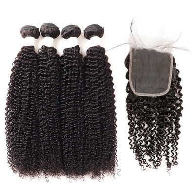 

Allove Remy Hair Brazilian Human Hair Weave Kinky Curly 4pcs Bundles with Lace Closure Virgin Cheap Hair Extensions