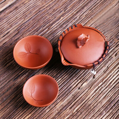 

Leaves Style Red Yixing Zisha Clay Zhuni Gaiwan & Two Teacups Gongfu Tea Set