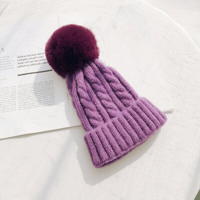 

Hat Female Winter Fur Ball Wool Hat Twist Knit Hat Simple Wool Blend Knit Hat