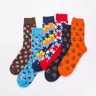 

Men Happy Lucky Socks puzzle love anchor Big Size Man Business Socks Fashion Wedding Gift Socks Colorful Breath Cotton Socks