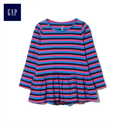 

GAP flagship store female&young print decorative hem round neck long-sleeved shirt 398998 striped blue 12-18M