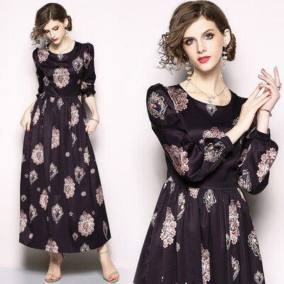 

DFYOP New Womens European And American Long Sleeves Long Skirts Slim Dress Fashion Printed Dress