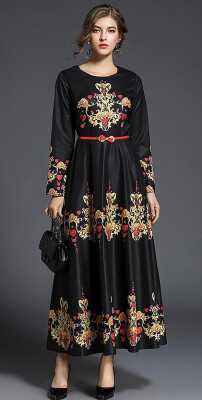 

L XL XXL vintage new autumn 2018 women long maxi dress long sleeve black gold flower digital print slim A line ankle length