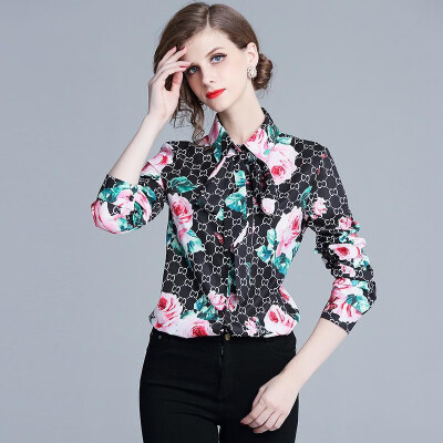 

L XL XXL elegant new autumn 2018 women blouse shirt long sleeve black flower print office top lady