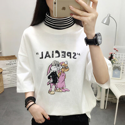 

JOY OF JOY Jingdong Womens 2019 Summer New Korean Fake Two Piece High Collar Cute Pattern Print Loose T-Shirt Student Female JWTD191841 White