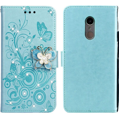 

MOONCASE Millet red rice 5 butterfly rhinestone embossed leather case - green