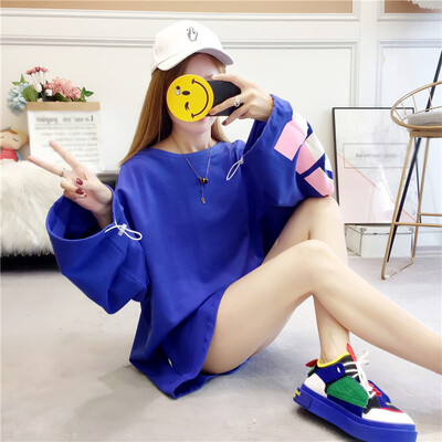 

JOY OF JOY Jingdong womens 2019 spring new chic loose hooded T-shirt female long-sleeved thin sweater female tide JWWY191343 blue