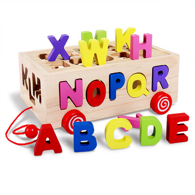 

Wooden Activity Cube Shape & Color Sorter Pull Along Walking 26Pcs Alphabet Matching Blocks Activity Center Educational Toys For 1