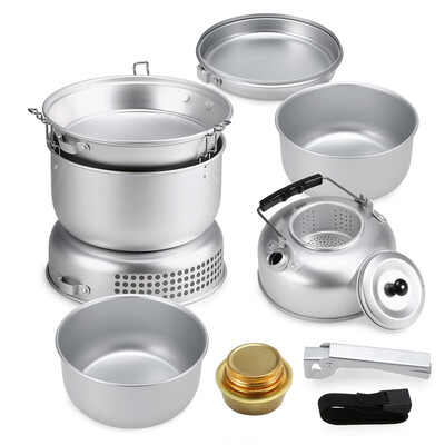 

10 PCS Outdoor Camping Cooking Set Portable Cookware Cookout Utensil Dish Plate Pots Water Kettle Alcohol Stove Wind Shield Boiler