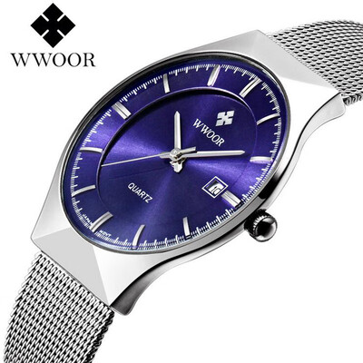 

Mens WWOOR Brand Casual Waterproof Watch Stainless Steel Mesh Strap Simple Date Quartz Wrist Watches