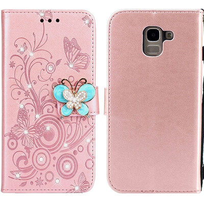 

MOONCASE Samsung Galaxy J6 Butterfly Rhinestone Embossed Leather Case - Rose Gold
