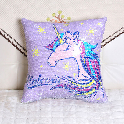 

Double Colors Reversible Sequin Pillowslip Cartoon Unicorn Printed Sofa Car Bed Chair Pillow Cover Shining Pillowcase