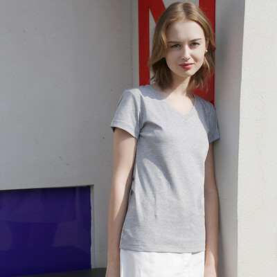 

Beijing Tokyo made JZAO ladies short-sleeved T-shirt cotton V-neck spring&summer Slim simple new silk soft long-staple cotton gray