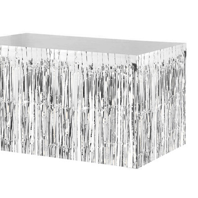 

74 274cm Metallic Foil Fringe Table Skirt Tinsel Shimmer Table Skirt Decoration for Hotel Reception Wedding Christmas Party--Gre