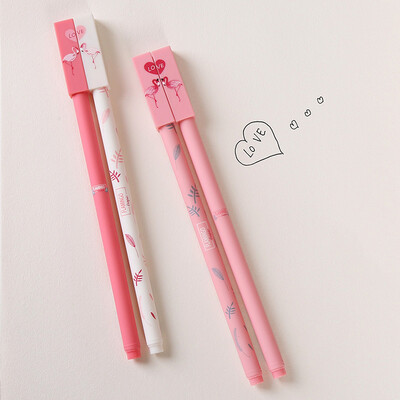 

2Pcslot Cute Kawaii Flamingo Pink Black Ink Couple Gel Ink Pen Korean School Office Stationery