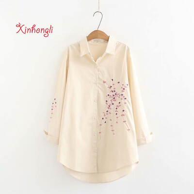 

Plus size Plum blossom Embroidery cotton women shirts 2019 spring NEW casual ladies loose blouse female yellow pink blue beige