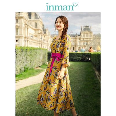 

INMAN 2019 spring new V-neck retro floral art holiday wind thin loose A-line dress long skirt female 1891104545 yellow