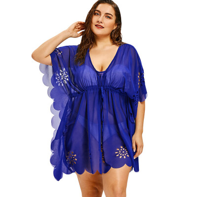 

PREISEI Summer Women Sexy Perspective Plus Size Beach Cover Ups Hollow Out V-Neck Half Sleeve Sun Protection Clothing DJDM006