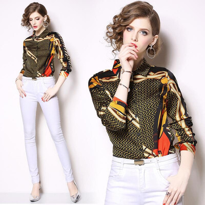 

M L XL XXL vintage new spring 2019 women blouse shirt long sleeve black gold digital striped print office top lady