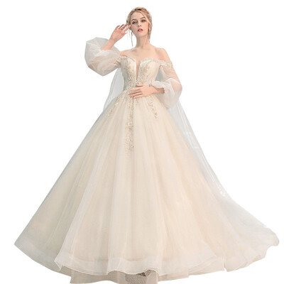 

2019 Luxury Wedding Dress The Sweet Puff Sleeve With Cape Wedding Ball Gown Princess Lace Off The Shoulder Dresses