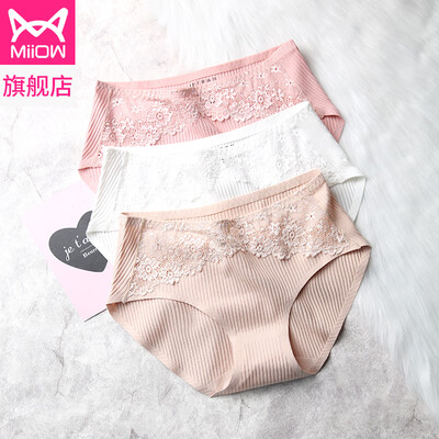

Cat man modal lace sexy seamless womens underwear mid-waist sweet cute girl student shorts briefs skin color white pink L