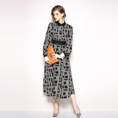 

S M L XL vintage new spring 2019 women long maxi dress long sleeve black white plaid ankle length A line elegant office lady