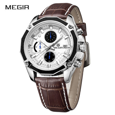 

MEGIR Genuine Leather Strap Quartz Man Wristwatch Awesome Analog Watch With Calendar&Sub-dial