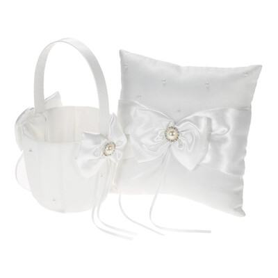

7 7 inches White Satin Bowknot Rhinestone Decorated Ring Bearer Pillow&Wedding Flower Girl Basket Set