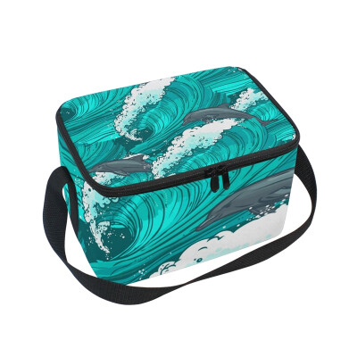 

ALAZA Lunch Box Wave And Dolphin Insulated Lunch Bag Large Cooler Tote Bagfor Men Women