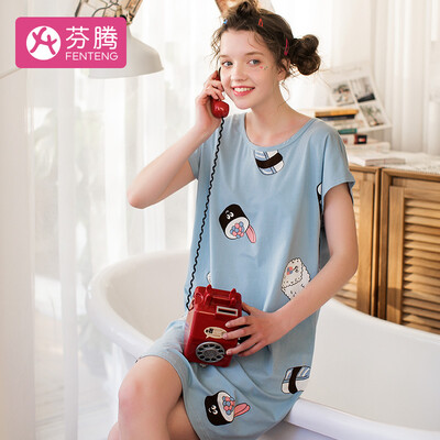

Fen Teng 2019 spring&summer new personality pattern round neck cotton girlfriends short-sleeved home service ladies pajamas nightdress X980A21482 light blue M