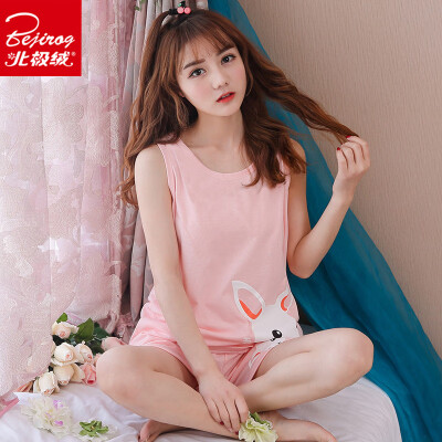 

Arctic velvet pajamas women summer cotton shorts Korean cute cartoon vest combed cotton large size home service suit 1703 1703 pink M