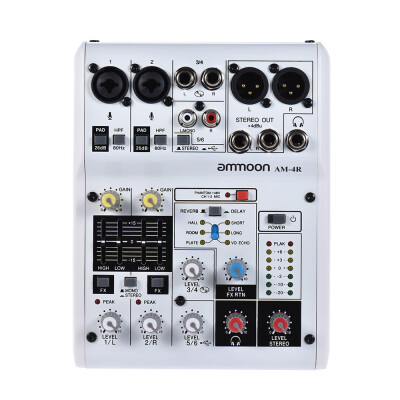 

ammoon AM-4R 6-Channel Sound Card Digital Audio Mixer Mixing Console Built-in 48V Phantom Power Support Powered by 5V Power Bank w