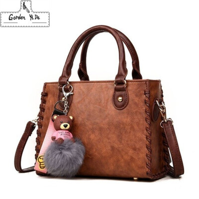 

Women Leather Handbags 2019 Luxury Lady Handbag Designer Women messenger crossbody Tote Bags With Bear&Fur ball bolsos mujer