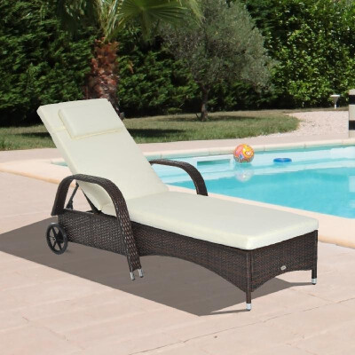 

Outdoor Rattan Wicker Poolside Chaise Lounge Chair with Adjustable Backrest - Mixed BrownCream