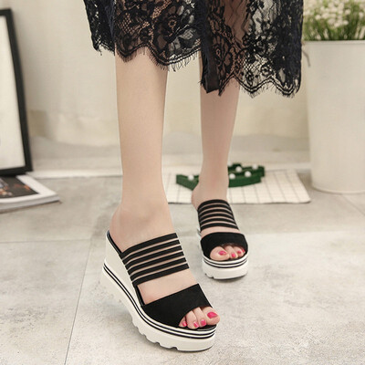 

Gladiator Women Fish Mouth Platform High Heels Wedges Sandals Open Toe Shoes Slippers Casual Flock Shoes Slip On Shoes