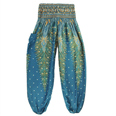 

NeillieN Outdoor Yoga Pants Printed Loose Thin Bohemia Lantern Pants Thailand Peacock High Waist Sports Pants with Pocket