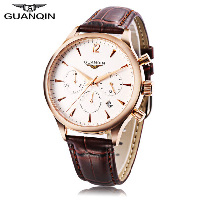 

GUANQIN GQ001 Men Quartz Watch Working Sub-dial Date 3ATM Genuine Leather Band Wristwatch