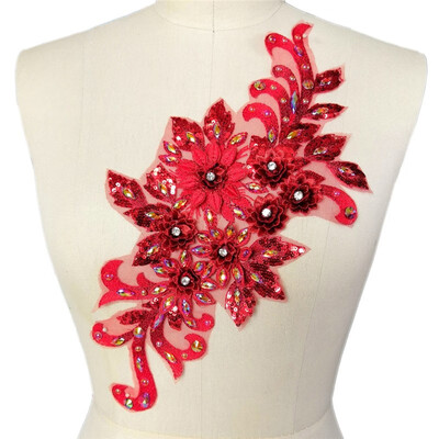 

3D Colorful Flower Mesh Embroidered Red Rhinestone Lace Beaded Applique DIY Lace Fabric Trim for Clothes Accessories Hardware