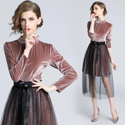 

M L XL XXL elegant new spring 2019 long dress women long sleeve velvet pink black two piece set office lady