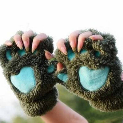 

1Pair Women Girls Lovely Winter Warm Fingerless Gloves Fluffy Bear Cat Plush Paw Claw Half Finger Gloves Mitten New