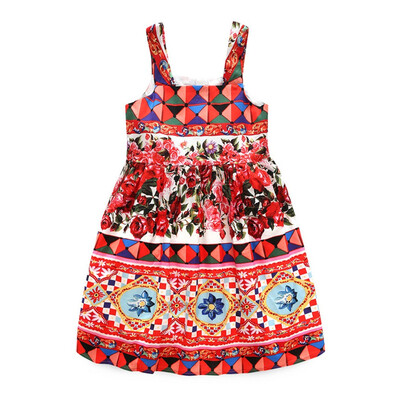 

2019 Girls African Print Summer Beach Pleated Vintage Vacation Style Princess Tea Dresses for Kids Clothes