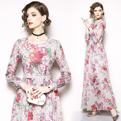 

S M L XL XXL XXXL elegant new spring 2019 long maxi dress women long sleeve pink flower digital print slim A line ankle length
