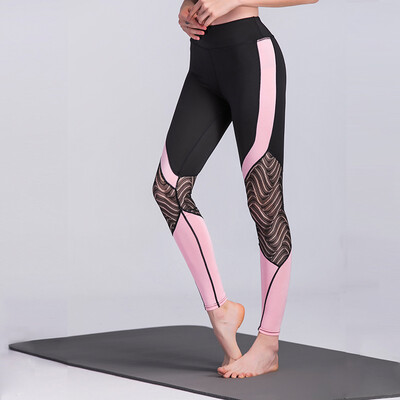 

Women Sport Leggings Crochet Lace Splicing Color Block High Waist Skinny Stretch Casual Gym Yoga Pants Black