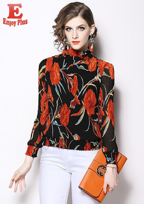 

M L XL XXL chiffon new autumn 2018 blouse women long sleeve black red flower print loose top elegant lady