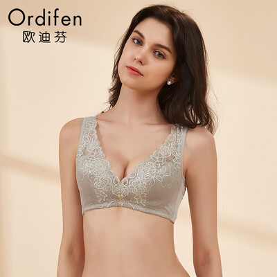 

Ou Difen no steel ring bra 2019 spring&summer new underwear large size vest bra adjustment received by the side of the breast lace gathered bra XJ8507 Feng Yue gray 3885B
