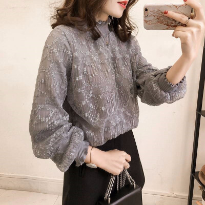 

Women Autumn Long Sleeve Lace Bottom Blouses Shirt