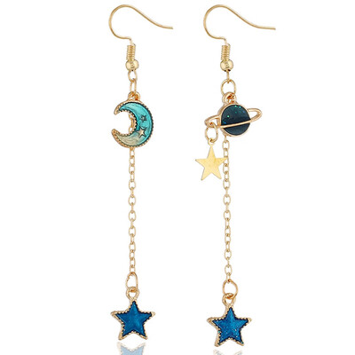 

Blue Star Moon Earrings Asymmetric Planet Eardrop Geometric Round Long Ear Hook Earrings Round Face