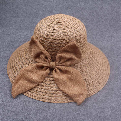 

Summer Women Straw Hat Wide Brim Bow Decoration Sun Beach Cap Foldable Floppy Hat BeigeBrown