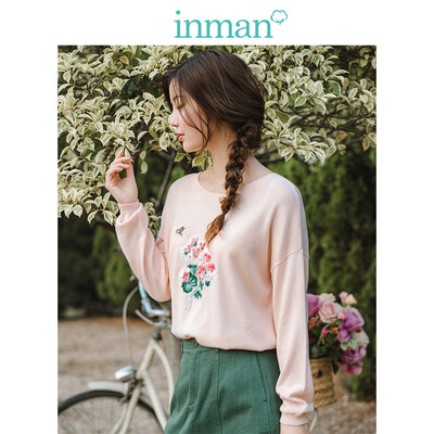 

INMAN 2019 spring new round neck literary embroidery retro casual wild thin shoulder sleeve sleeve sweater female 1891132458 light pink S